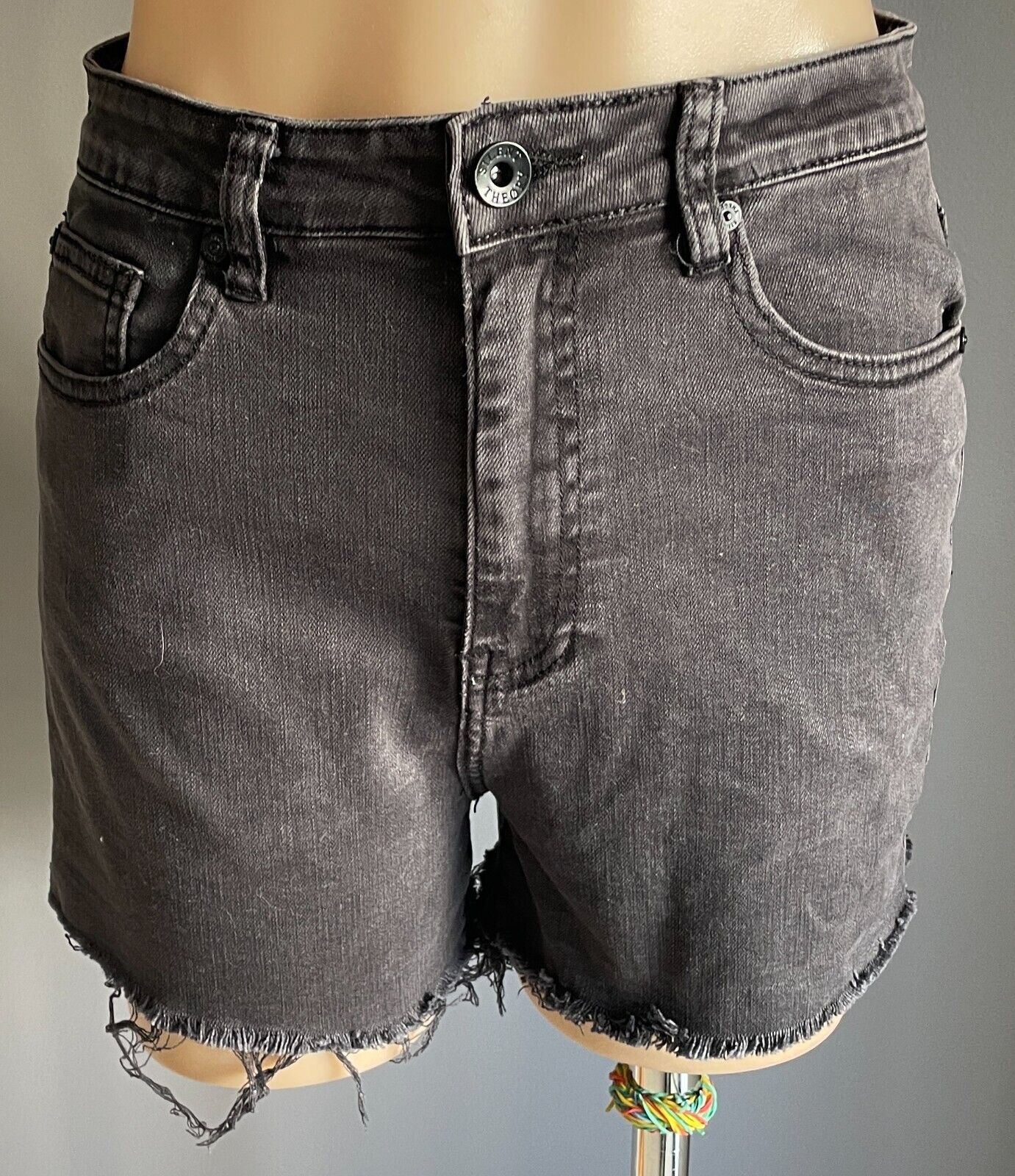 SILENT THEORY Black Denim Jeans Shorts High Rise Fray Hem Cut Off  Size 10 Hi