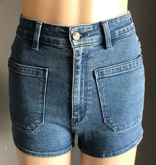 WRANGLER "Pin Up" Blue Jeans Shorts Stretch Denim High Waist  Rainbow Patch Sz S