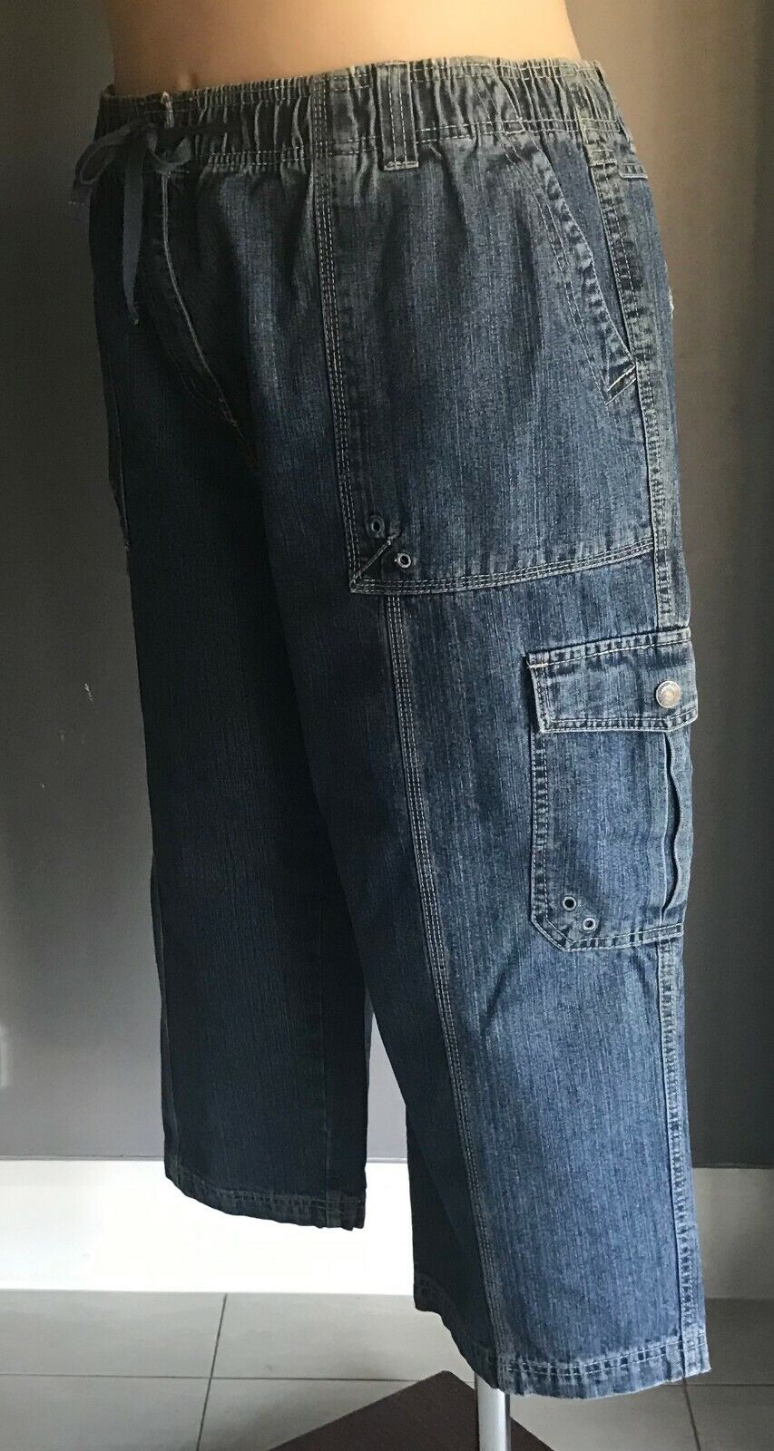EXPRESSION Blue Denim Jean Shorts Elastic Waist Long Knee Length Plus Size 22
