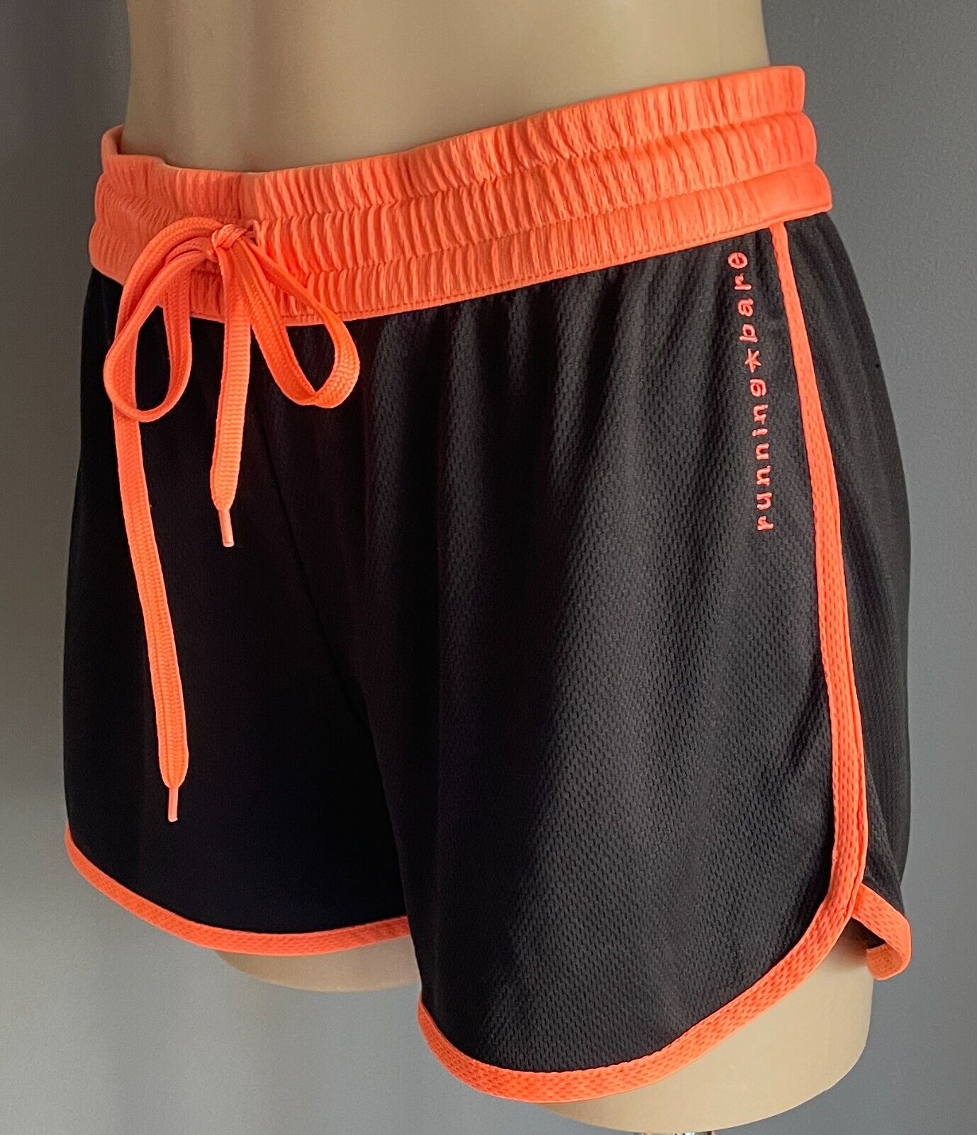 RUNNING BARE Running Shorts Black Coral Orange Elastic Drawstring Size 14 NEW