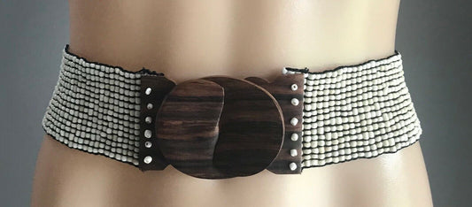 Ladies Belt Elastic SHELL BEAD Natural Interlock Wood Clasp Sz 10 14 Wide NEW