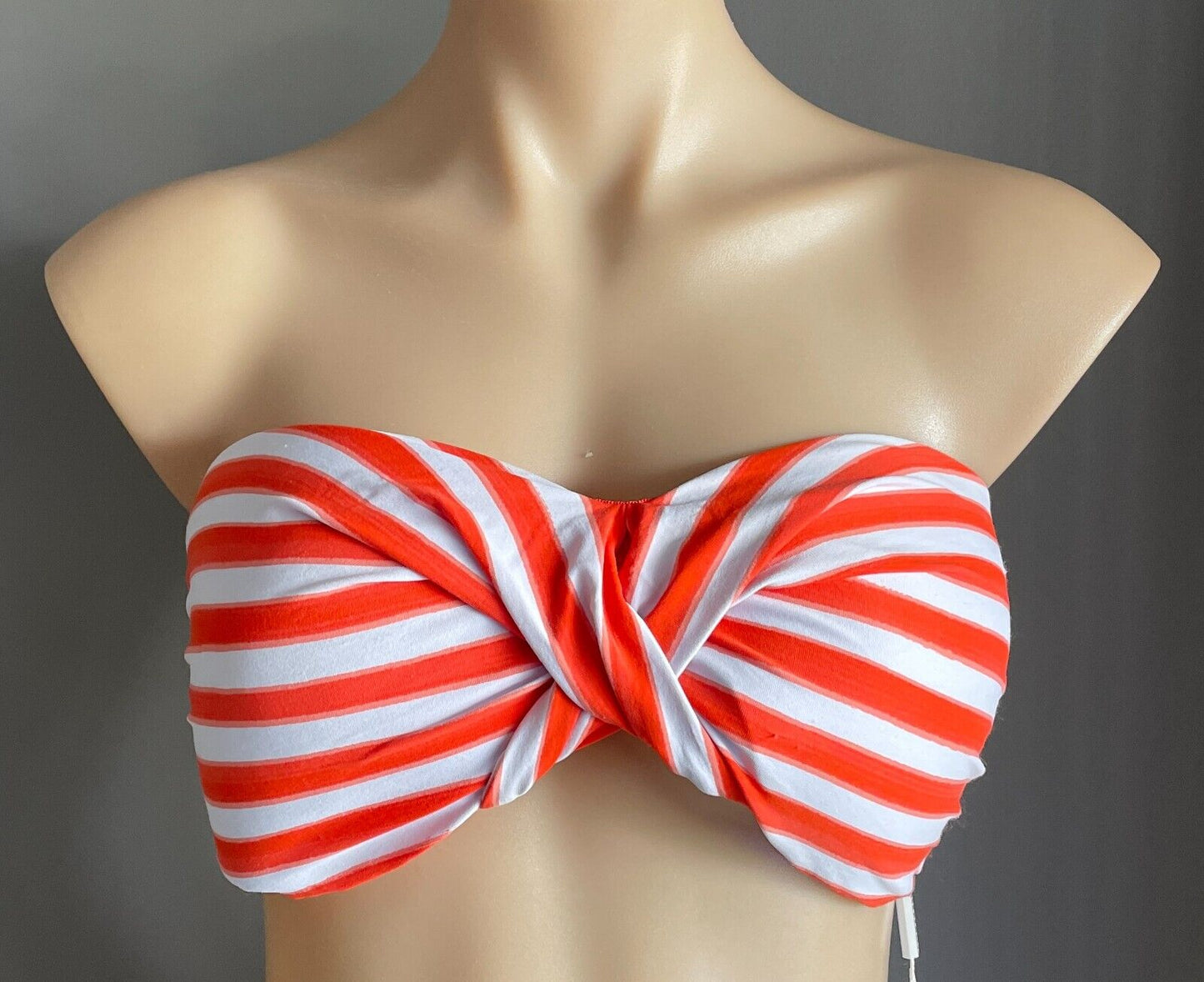 SEAFOLLY Bikini Top Bandeau Orange White Stripe Twist Front Strapless Siz 16 NEW