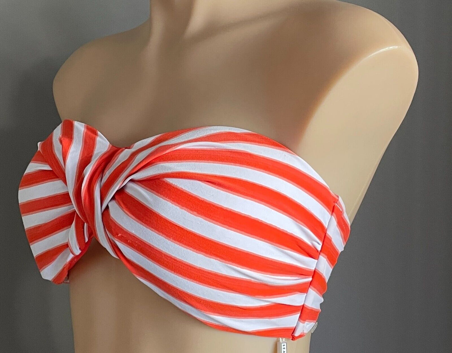SEAFOLLY Bikini Top Bandeau Orange White Stripe Twist Front Strapless Siz 16 NEW
