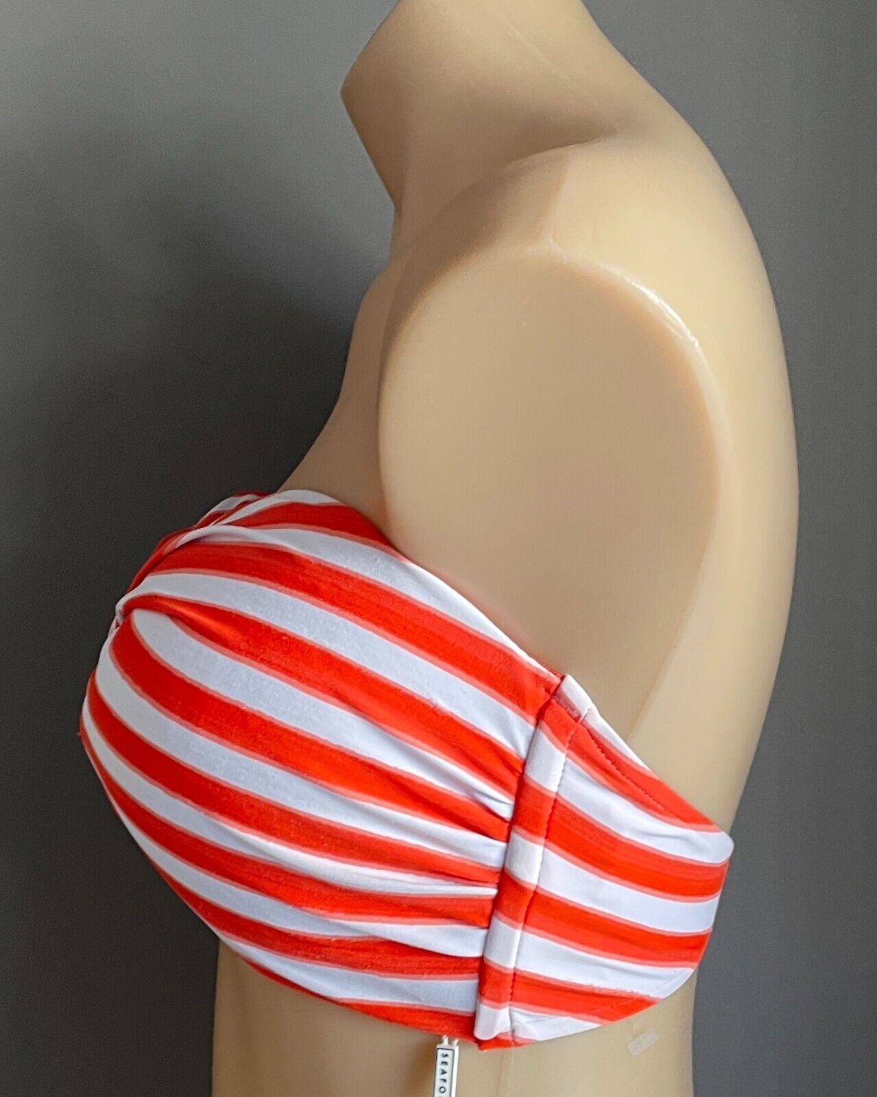 SEAFOLLY Bikini Top Bandeau Orange White Stripe Twist Front Strapless Siz 16 NEW