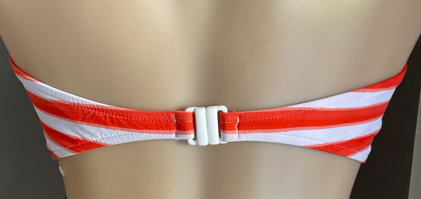 SEAFOLLY Bikini Top Bandeau Orange White Stripe Twist Front Strapless Siz 16 NEW
