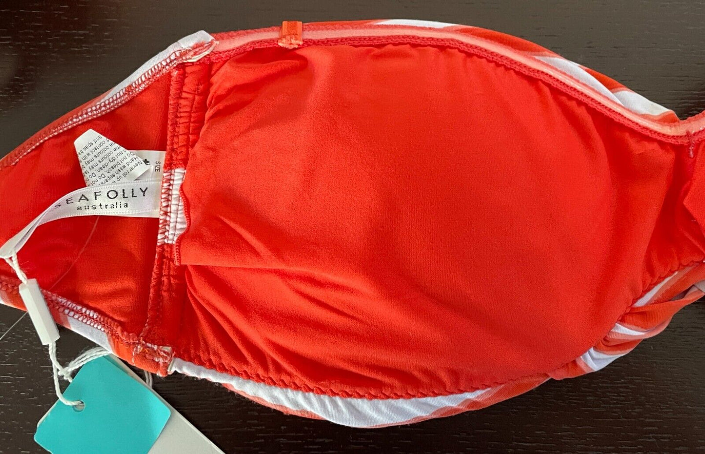 SEAFOLLY Bikini Top Bandeau Orange White Stripe Twist Front Strapless Siz 16 NEW