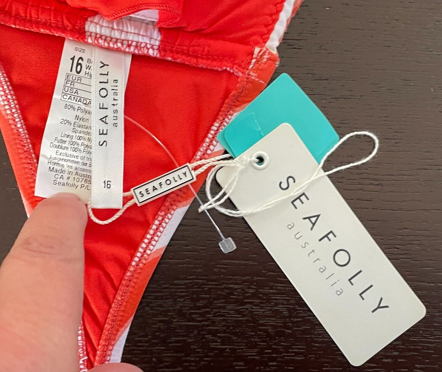 SEAFOLLY Bikini Top Bandeau Orange White Stripe Twist Front Strapless Siz 16 NEW