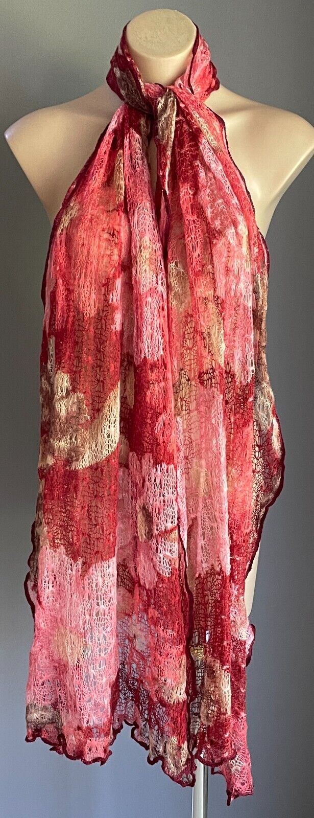 Knit Scarf NINA LOH Burgundy Pink Coral Red Brown Beige Open Weave Knit 249cm