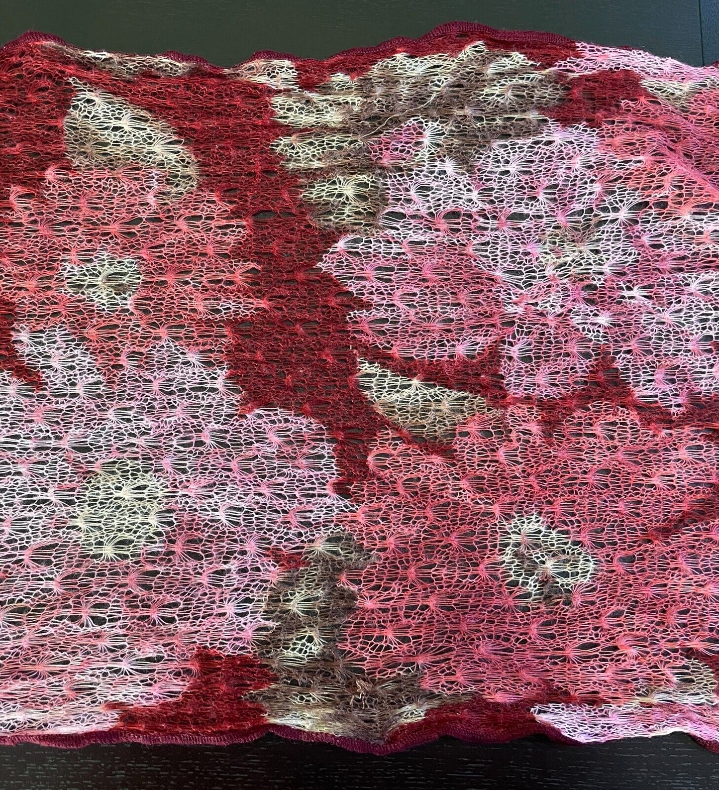 Knit Scarf NINA LOH Burgundy Pink Coral Red Brown Beige Open Weave Knit 249cm