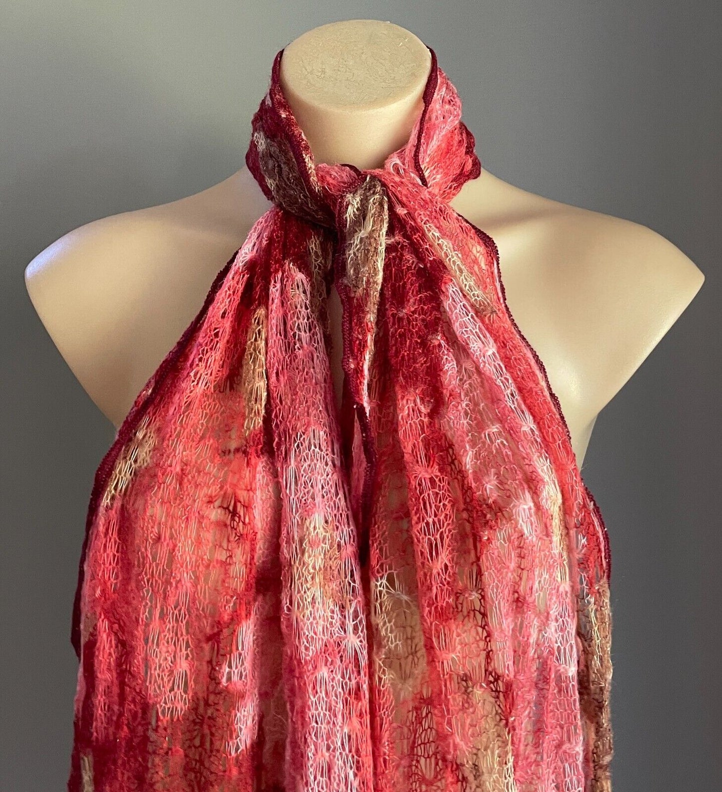 Knit Scarf NINA LOH Burgundy Pink Coral Red Brown Beige Open Weave Knit 249cm