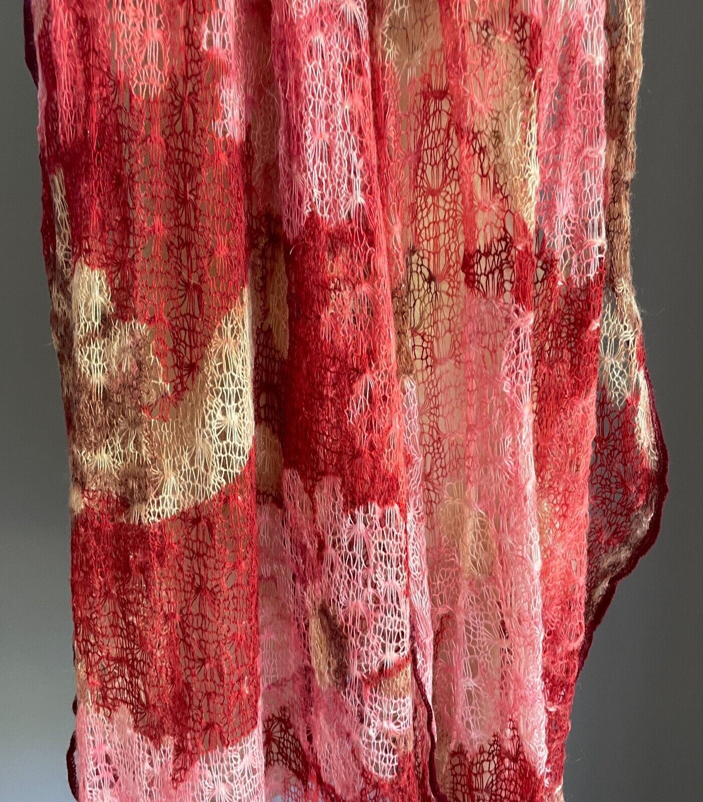 Knit Scarf NINA LOH Burgundy Pink Coral Red Brown Beige Open Weave Knit 249cm