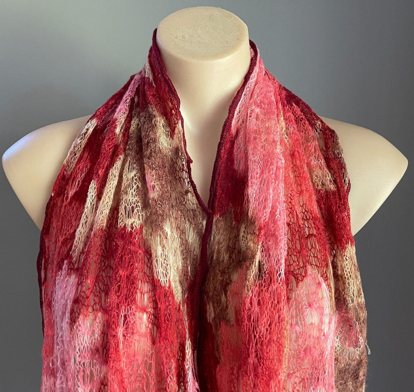 Knit Scarf NINA LOH Burgundy Pink Coral Red Brown Beige Open Weave Knit 249cm