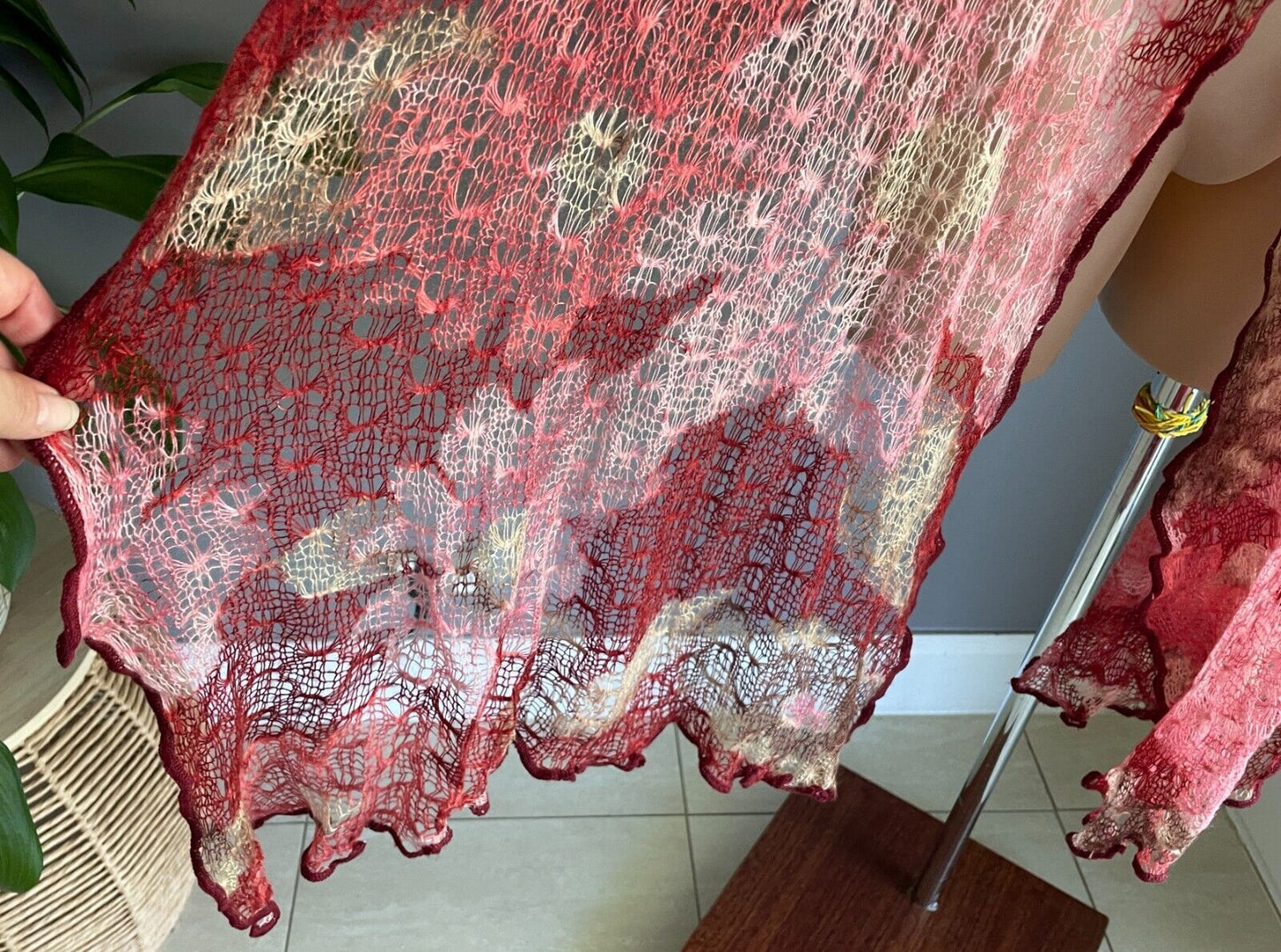 Knit Scarf NINA LOH Burgundy Pink Coral Red Brown Beige Open Weave Knit 249cm