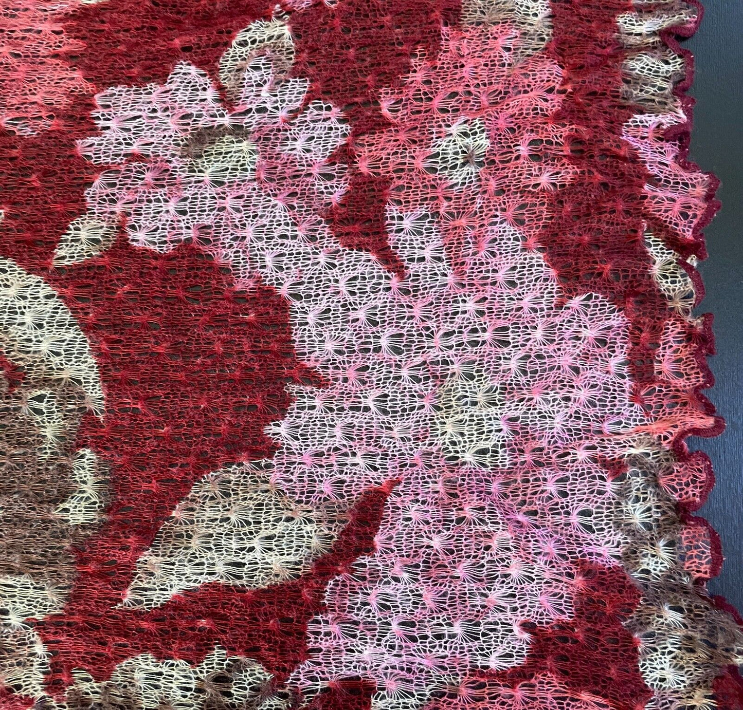 Knit Scarf NINA LOH Burgundy Pink Coral Red Brown Beige Open Weave Knit 249cm