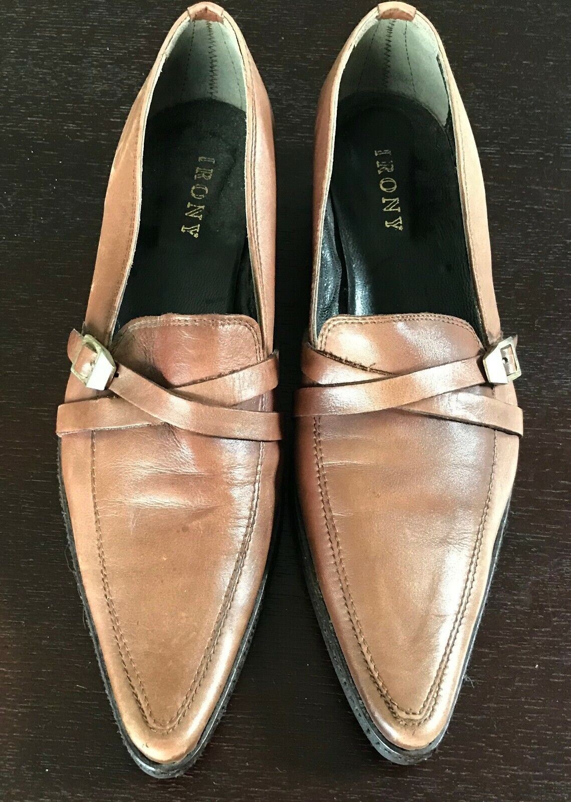 IRONY Brown Leather Pointy Toe Shoes w Strap & Buckle Detailing Ladies Size 36