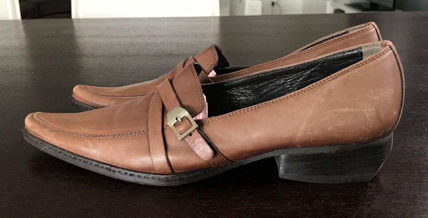 IRONY Brown Leather Pointy Toe Shoes w Strap & Buckle Detailing Ladies Size 36
