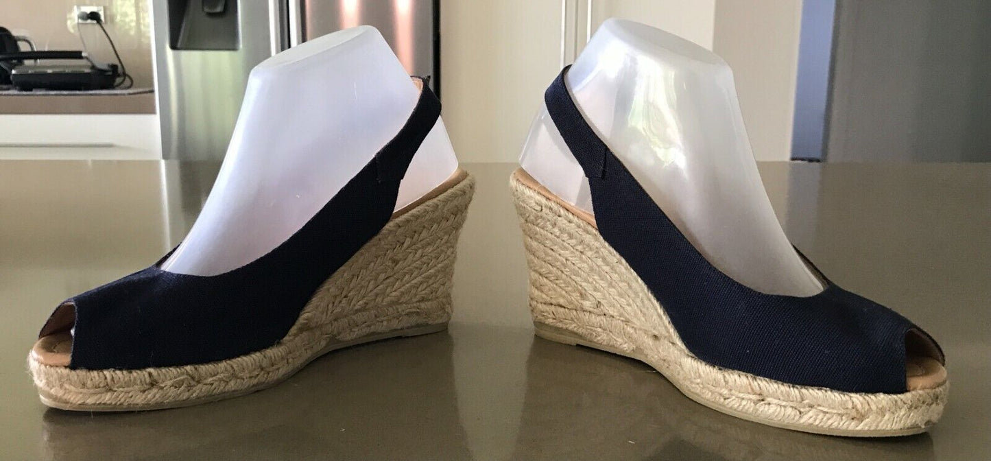HEIDI KLEIN Wedges Navy Open Toe Espadrille Shoes Slingback Ladies Size 37 & 38