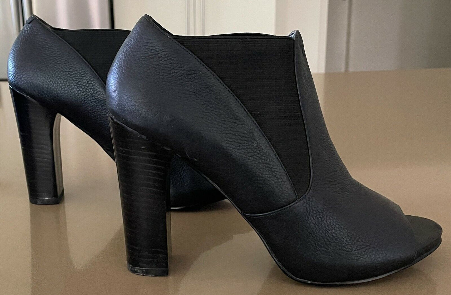NINE WEST "Hoppy" Block Heel Booties Black Leather Open Toes Shoes Ladies Size 8