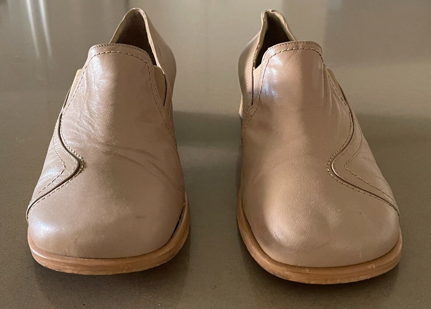 ZOOM Shoes Beige Leather Chunky 3.4cm Heel Loafer Ladies Size 38 Italian Made