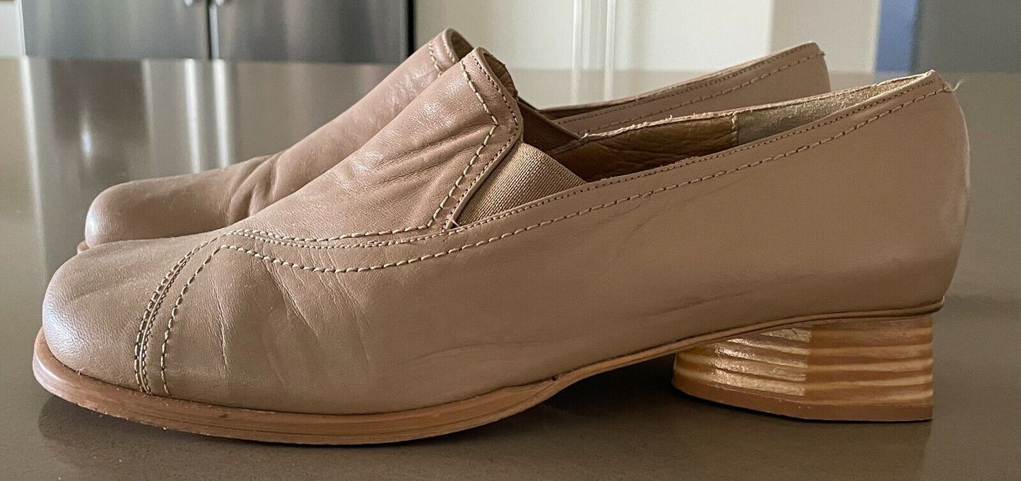 ZOOM Shoes Beige Leather Chunky 3.4cm Heel Loafer Ladies Size 38 Italian Made