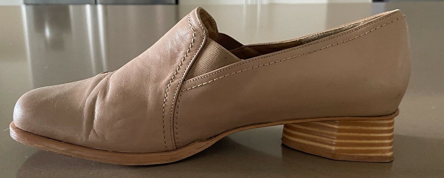 ZOOM Shoes Beige Leather Chunky 3.4cm Heel Loafer Ladies Size 38 Italian Made