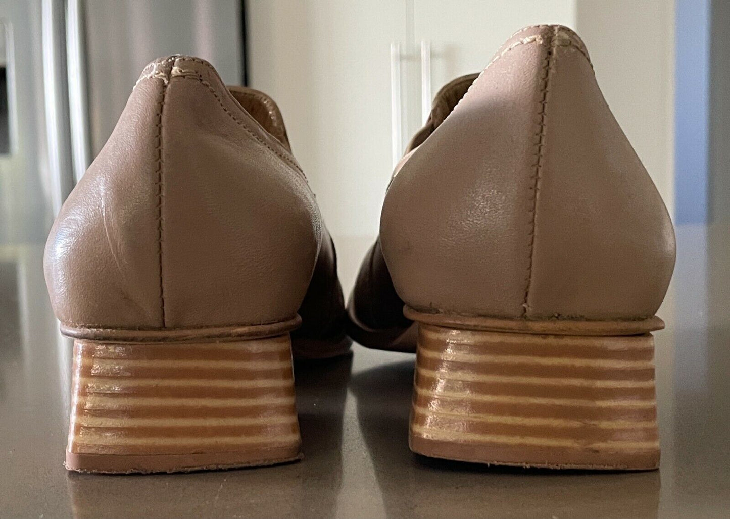 ZOOM Shoes Beige Leather Chunky 3.4cm Heel Loafer Ladies Size 38 Italian Made
