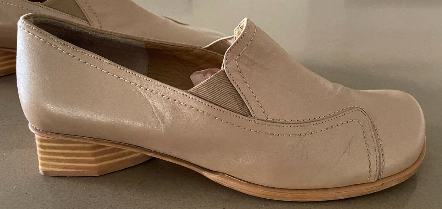 ZOOM Shoes Beige Leather Chunky 3.4cm Heel Loafer Ladies Size 38 Italian Made