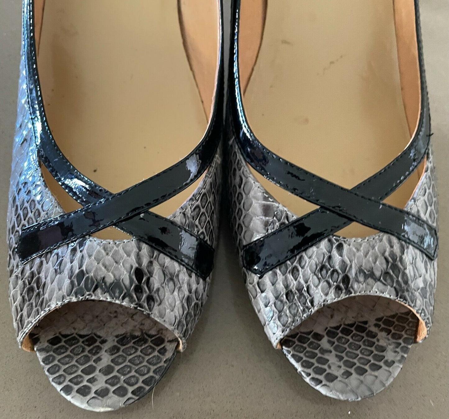 VICKIE HONG KONG Custom Shoes Brown Taupe Black Patent Snake Leather Heels Sz 42