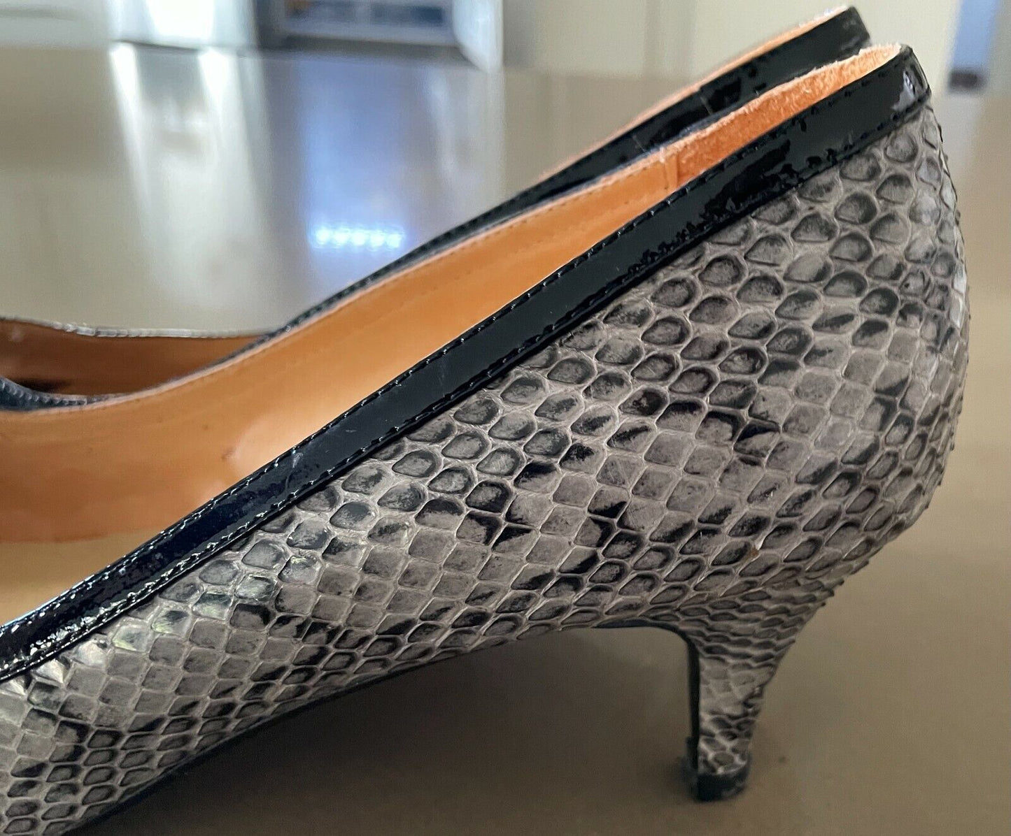 VICKIE HONG KONG Custom Shoes Brown Taupe Black Patent Snake Leather Heels Sz 42