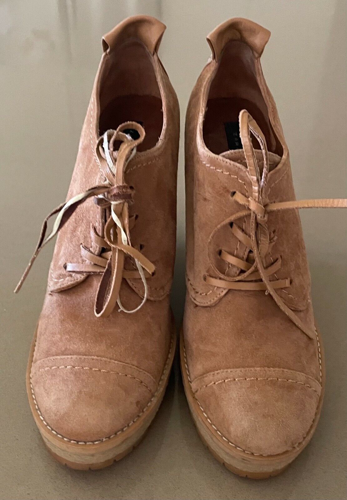 ZARA WOMAN Shoes Lace Up Wedges Tan Suede Oxford Style Size 40