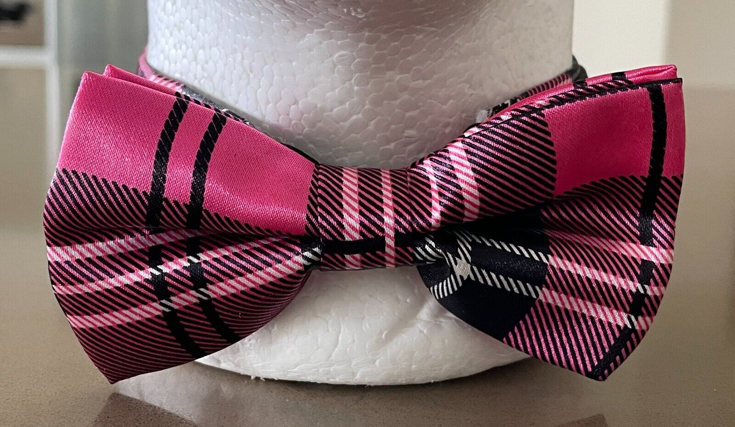 Bow Tie Black Pink White Plaid Check Pre-tied Adjustable Bowtie