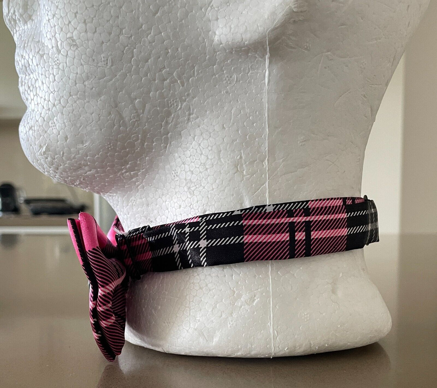 Bow Tie Black Pink White Plaid Check Pre-tied Adjustable Bowtie