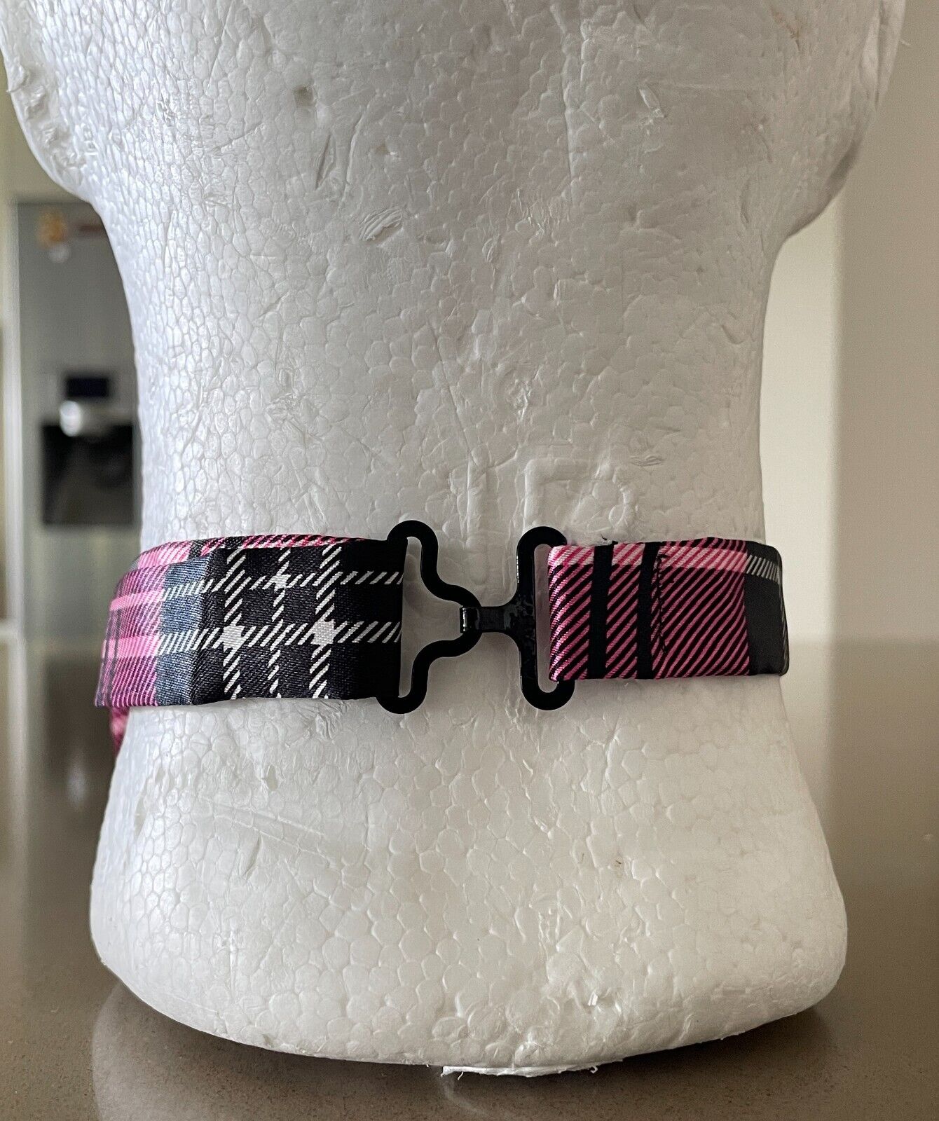 Bow Tie Black Pink White Plaid Check Pre-tied Adjustable Bowtie
