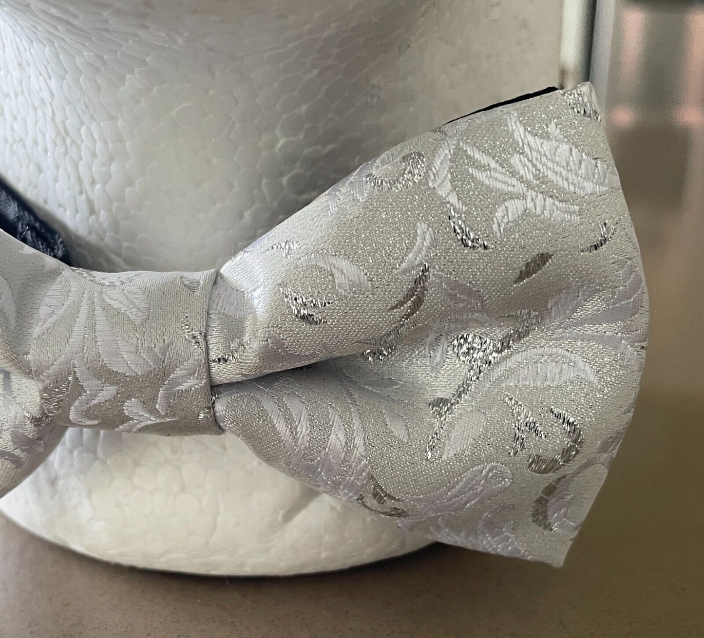 Bow Tie Grey  Silver Jacquard Print Fabric Pre-Tied Adjustable Retro Bowtie
