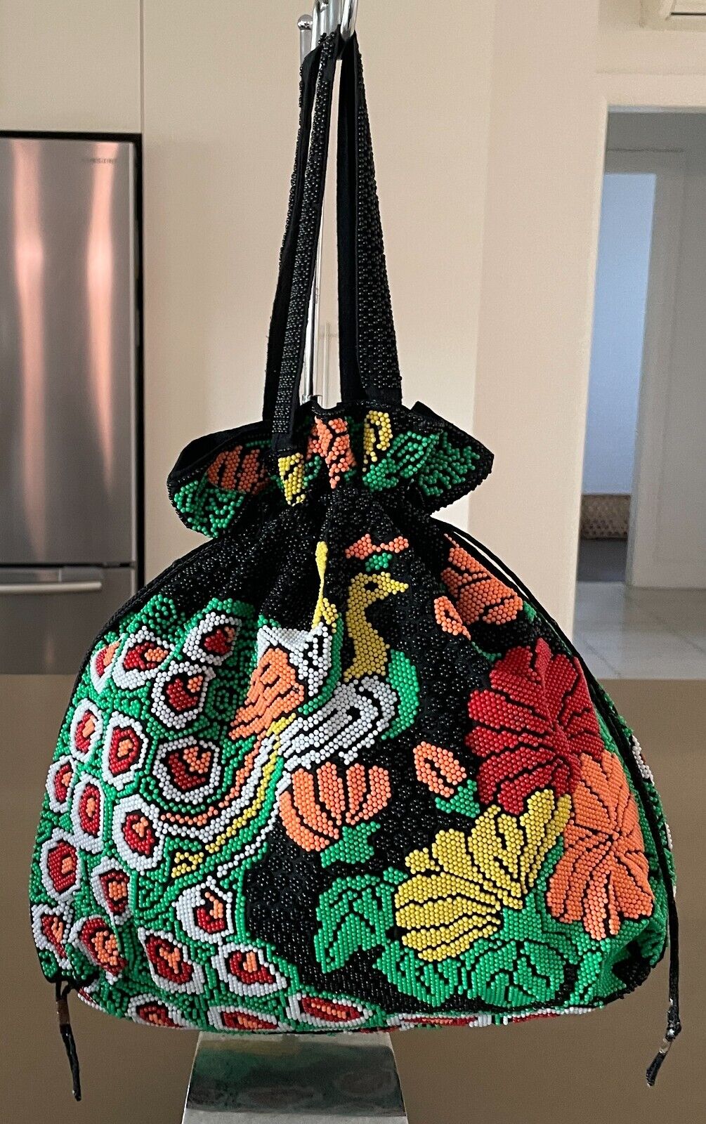 Drawstring Bag FULLY BEADED Peacock Floral Black Green Yellow Coral Red White