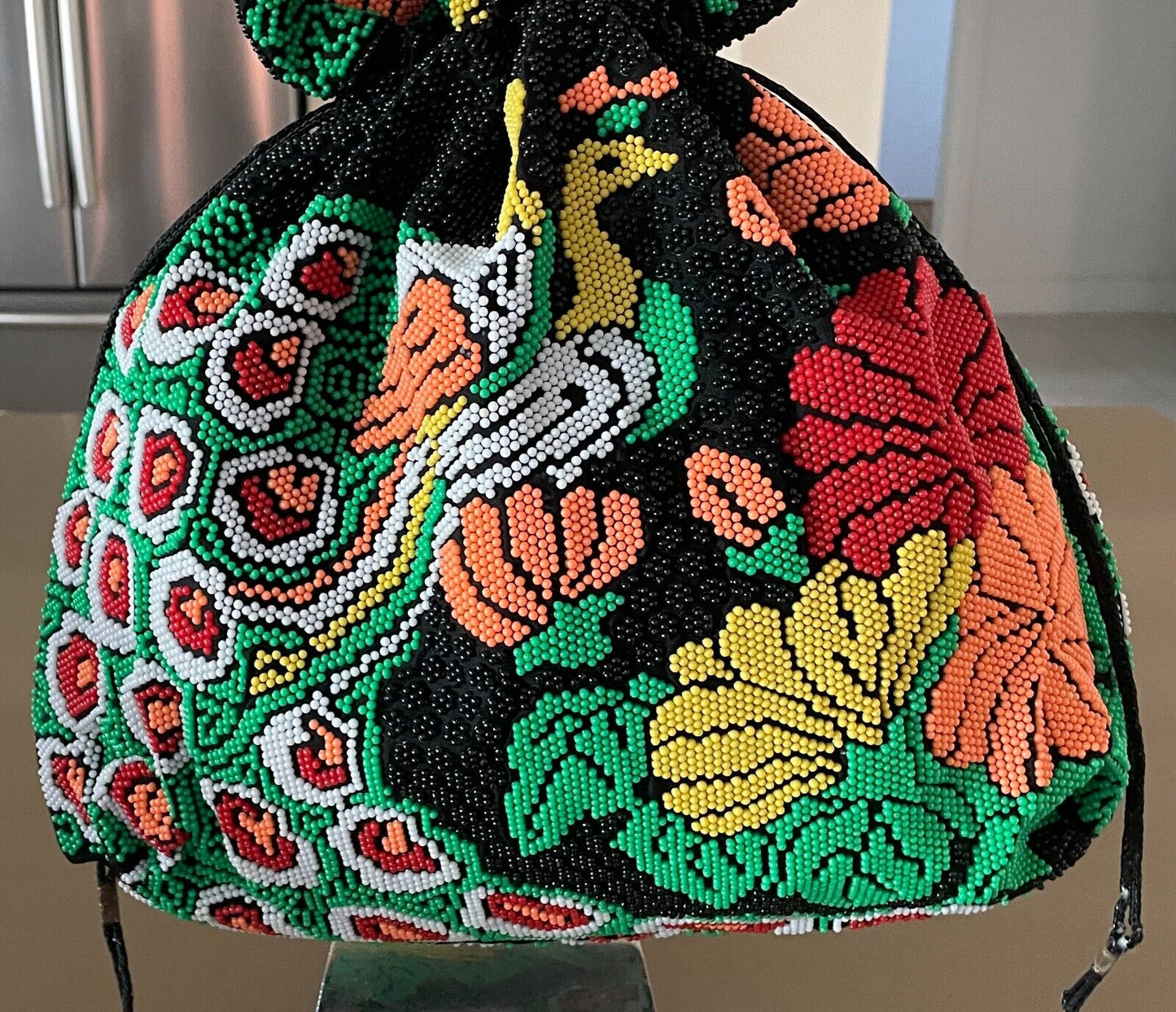 Drawstring Bag FULLY BEADED Peacock Floral Black Green Yellow Coral Red White