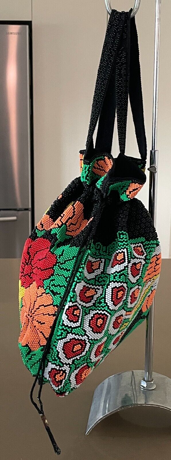Drawstring Bag FULLY BEADED Peacock Floral Black Green Yellow Coral Red White