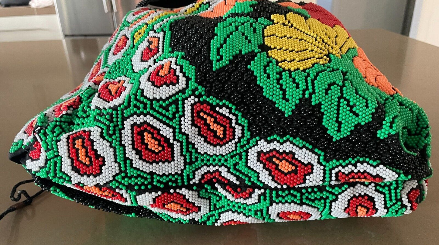 Drawstring Bag FULLY BEADED Peacock Floral Black Green Yellow Coral Red White
