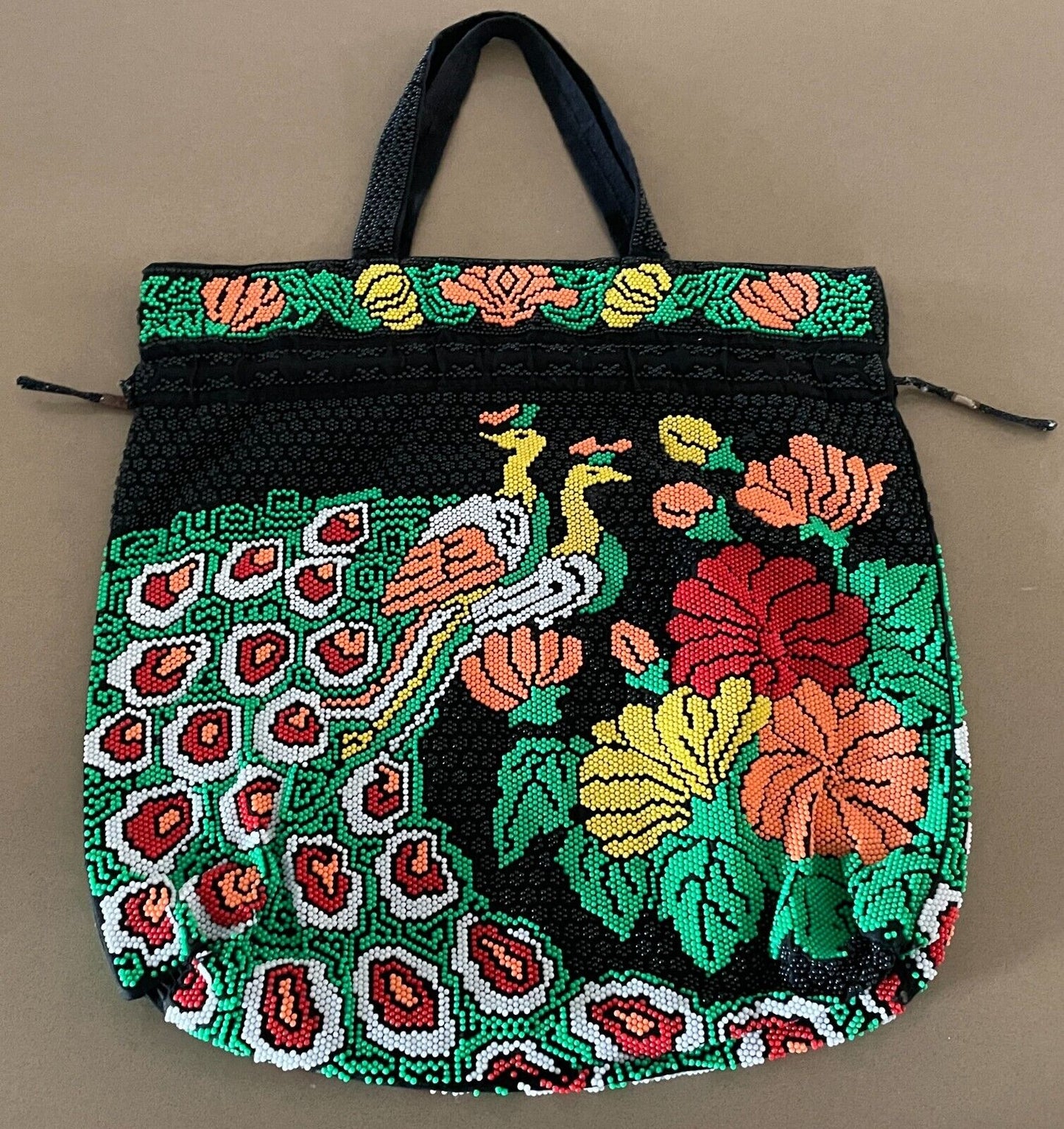 Drawstring Bag FULLY BEADED Peacock Floral Black Green Yellow Coral Red White