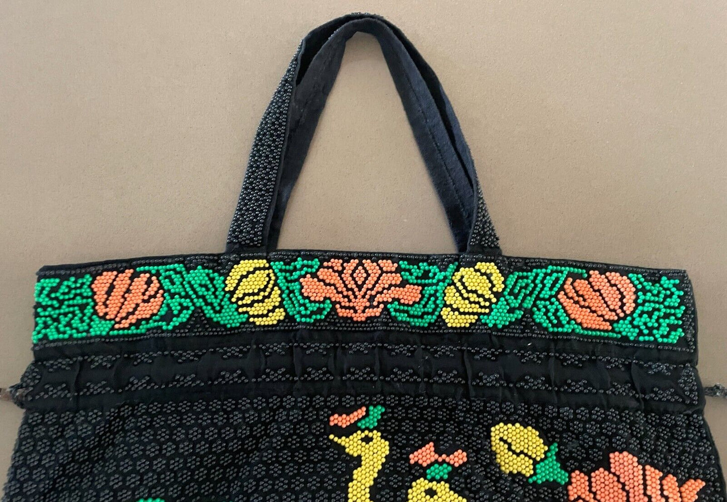 Drawstring Bag FULLY BEADED Peacock Floral Black Green Yellow Coral Red White