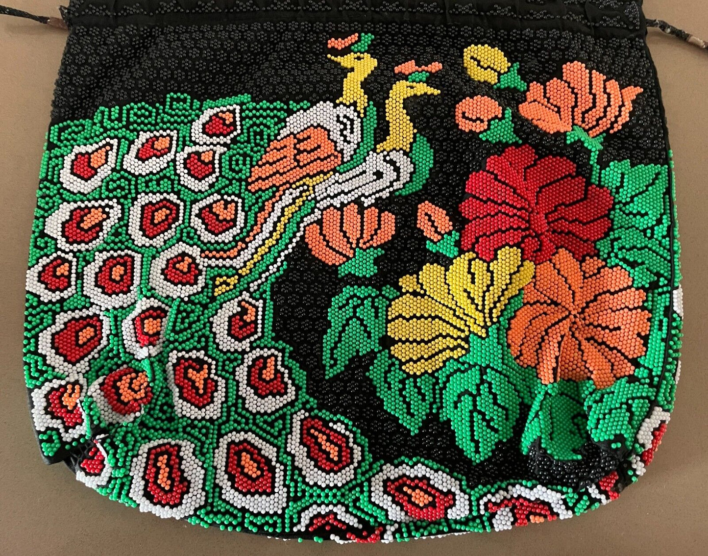 Drawstring Bag FULLY BEADED Peacock Floral Black Green Yellow Coral Red White