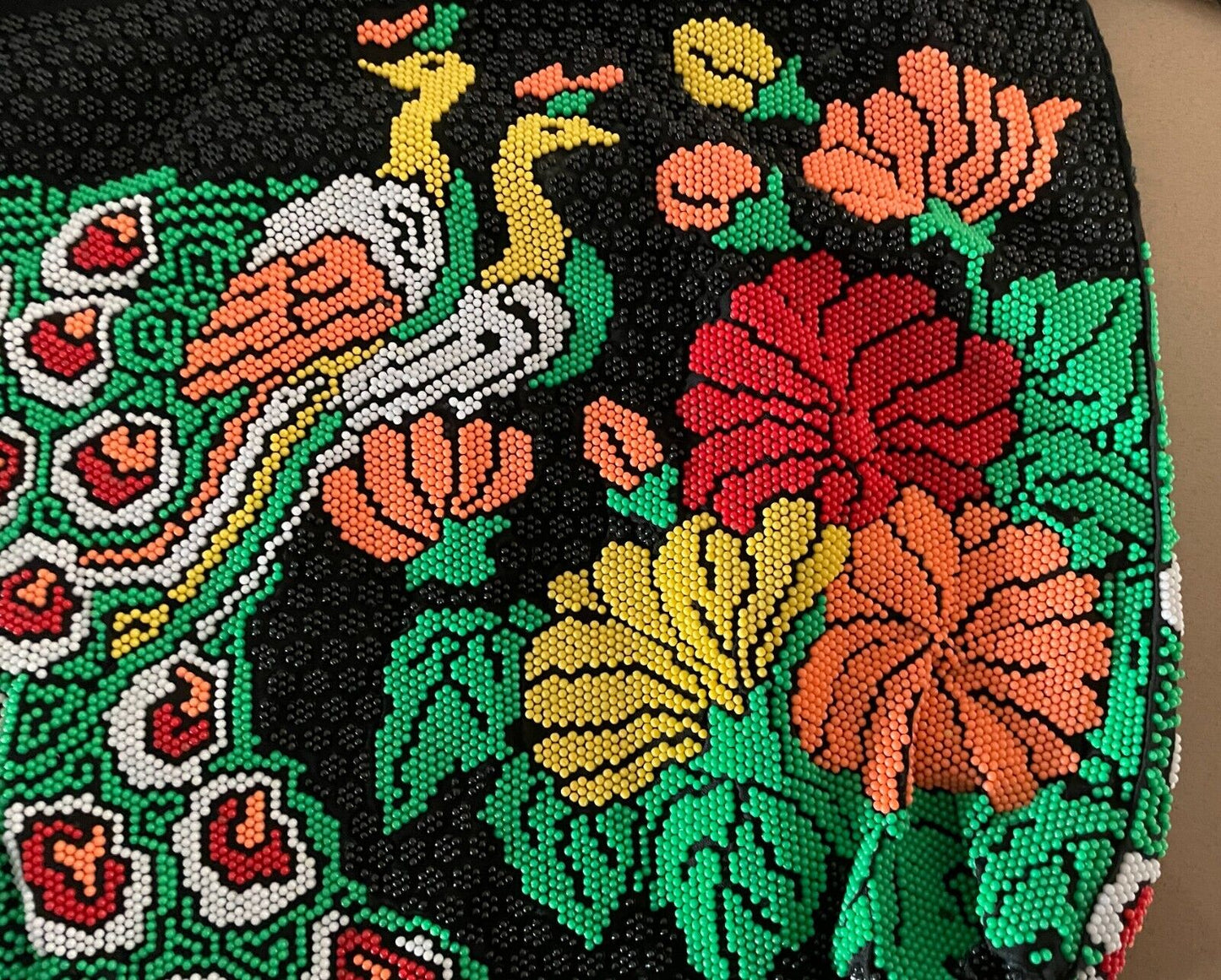 Drawstring Bag FULLY BEADED Peacock Floral Black Green Yellow Coral Red White
