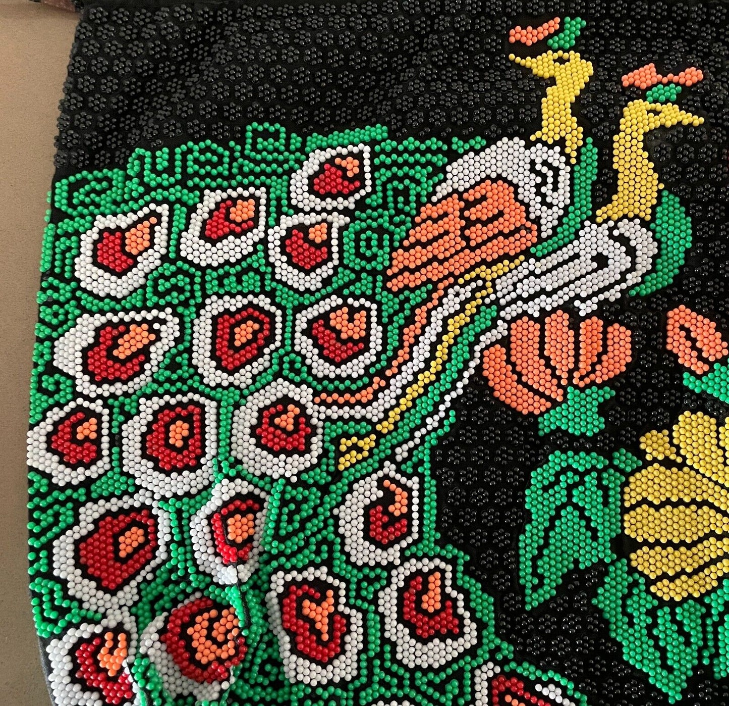 Drawstring Bag FULLY BEADED Peacock Floral Black Green Yellow Coral Red White