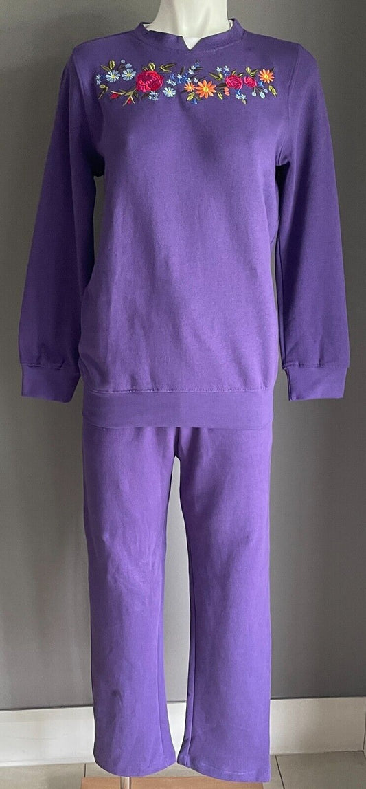 DAMART Purple Tracksuit Embroidered Long Sleeve Top & Pants Ladies Sz 8 Comfort