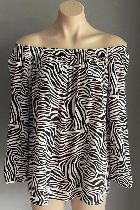 ROCKMANS Top Black White Brown Print Elastic Off Shoulder Long Sleeve Size 18