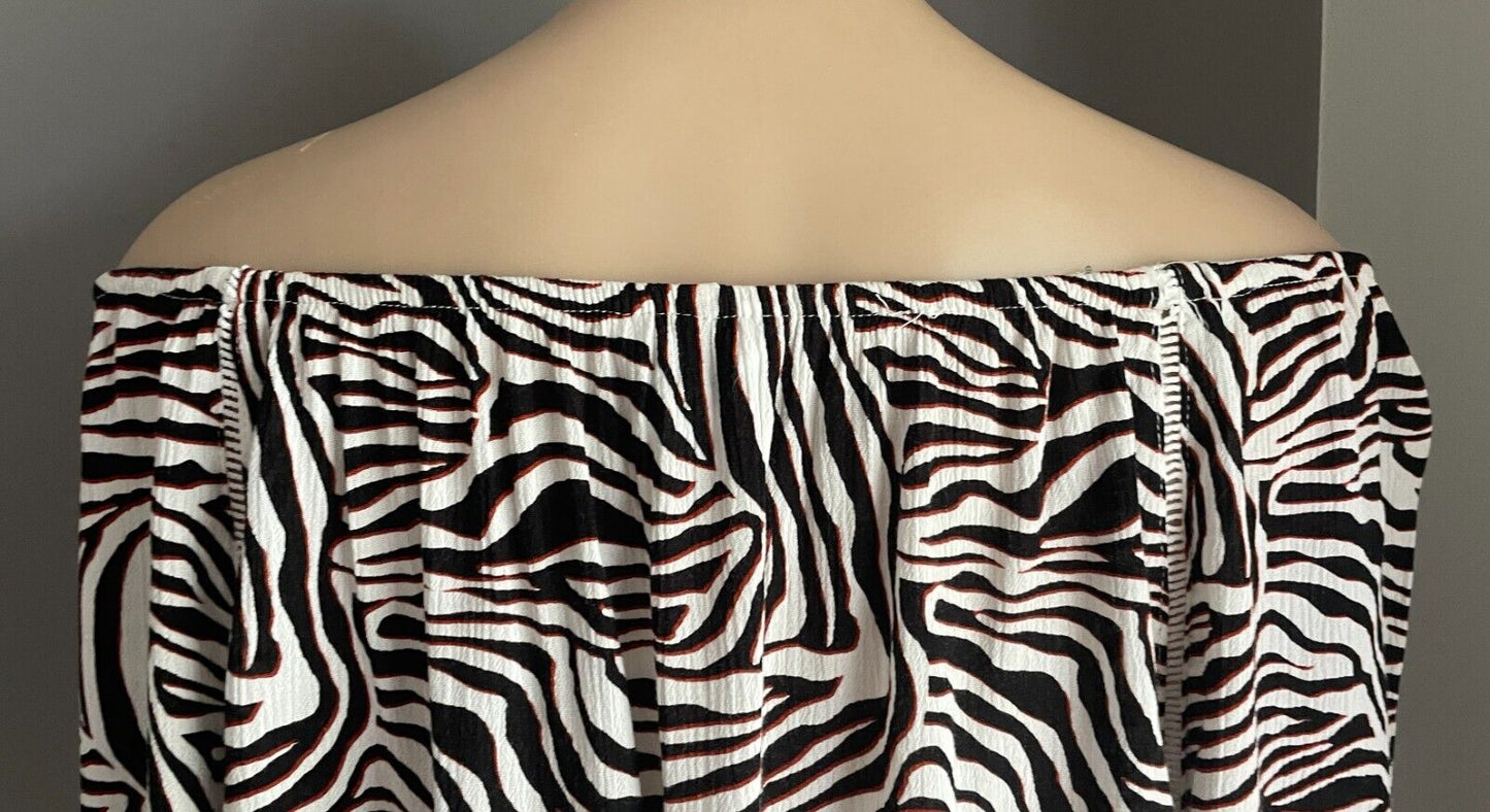 ROCKMANS Top Black White Brown Print Elastic Off Shoulder Long Sleeve Size 18