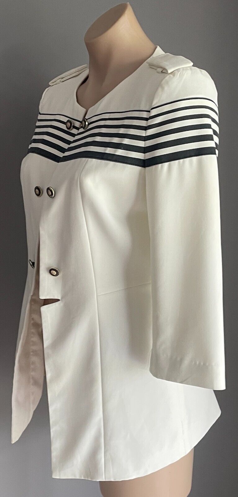 A YILIAN Jacket White & Black Stripe Trim 3/4 Sleeve Blazer Collarless Sz M 12