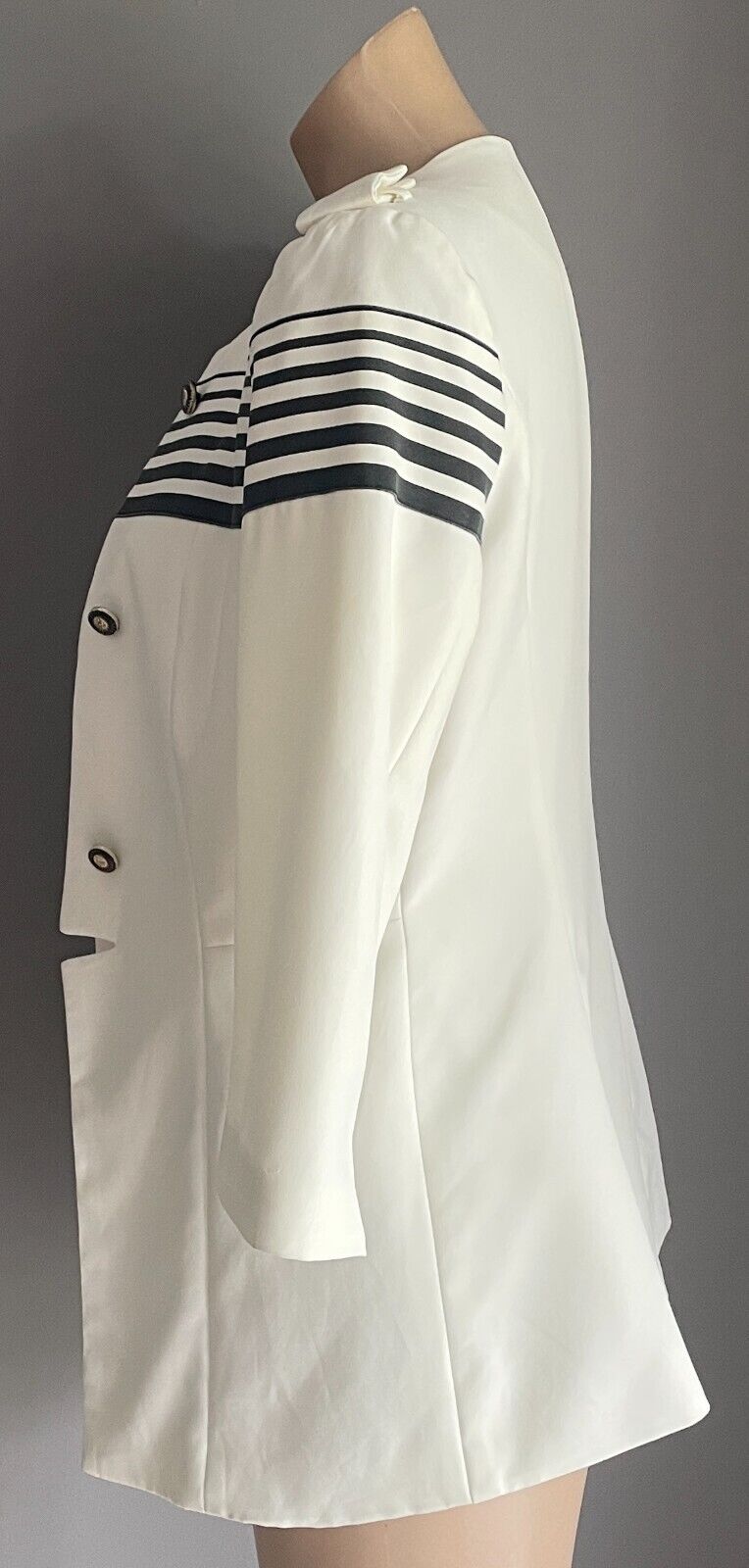 A YILIAN Jacket White & Black Stripe Trim 3/4 Sleeve Blazer Collarless Sz M 12