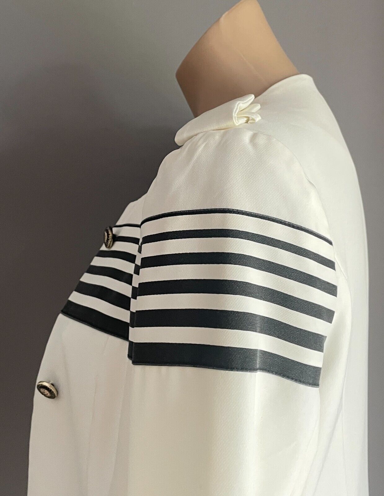 A YILIAN Jacket White & Black Stripe Trim 3/4 Sleeve Blazer Collarless Sz M 12