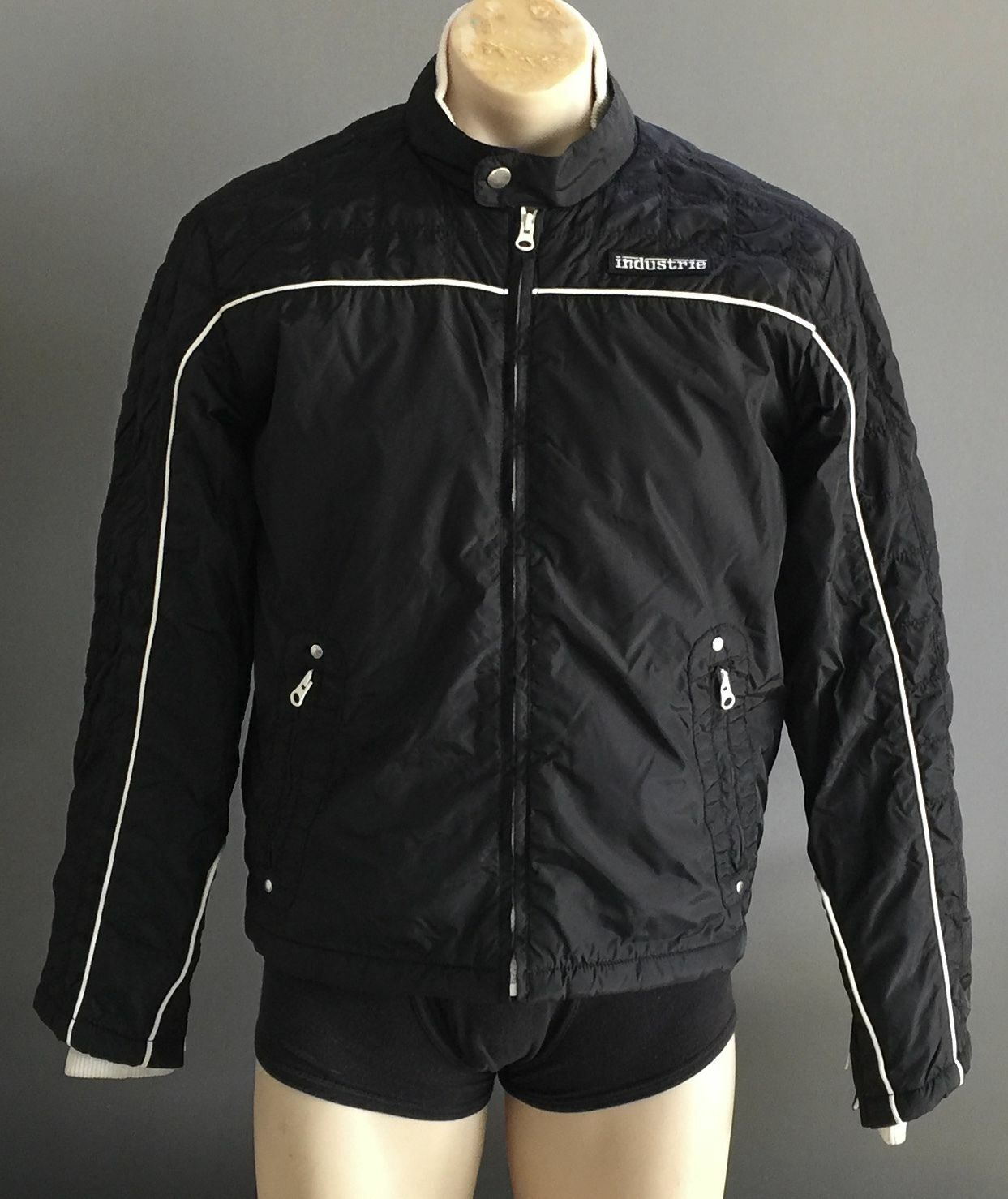 Mens INDUSTRIE Quilted  Bomber Jacket Black & Cream Trim  Size M
